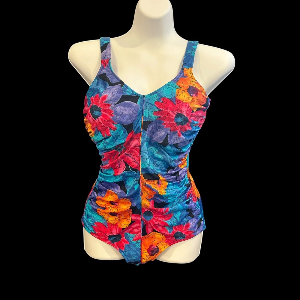 VTG 90s Maxine of Hollywood Ruched Floral One Piece Swimsuit Low Back Size 14